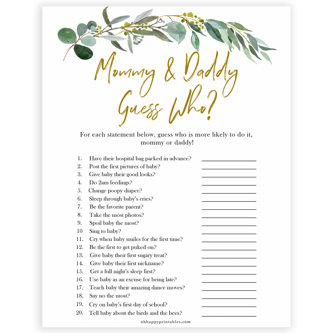 Eucalyptus baby shower games, mommy or daddy guess who baby game, fun baby shower games, printable baby games, baby shower ideas, baby games, baby shower baby shower bundle, baby shower games packs, botanical baby shower