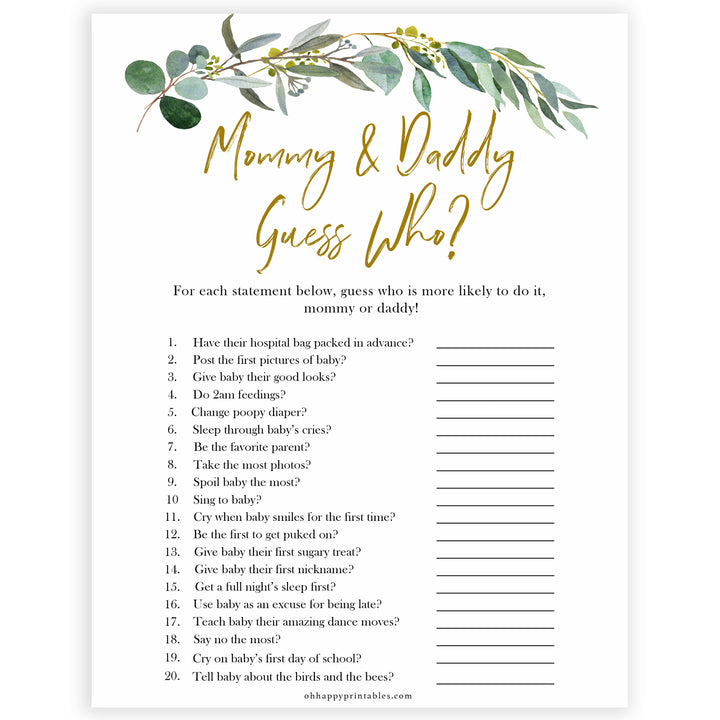 Eucalyptus baby shower games, mommy or daddy guess who baby game, fun baby shower games, printable baby games, baby shower ideas, baby games, baby shower baby shower bundle, baby shower games packs, botanical baby shower