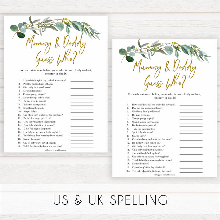 Eucalyptus baby shower games, mommy or daddy guess who baby game, fun baby shower games, printable baby games, baby shower ideas, baby games, baby shower baby shower bundle, baby shower games packs, botanical baby shower