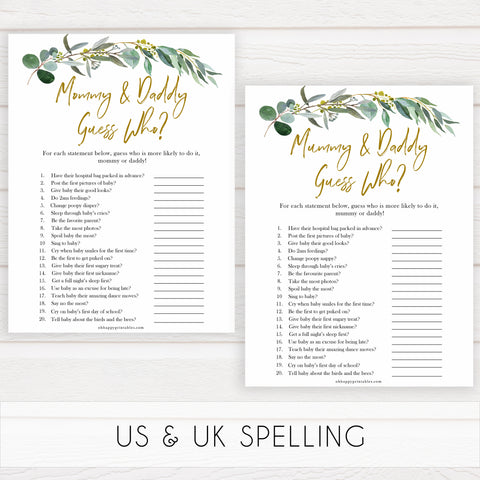 Eucalyptus baby shower games, mommy or daddy guess who baby game, fun baby shower games, printable baby games, baby shower ideas, baby games, baby shower baby shower bundle, baby shower games packs, botanical baby shower