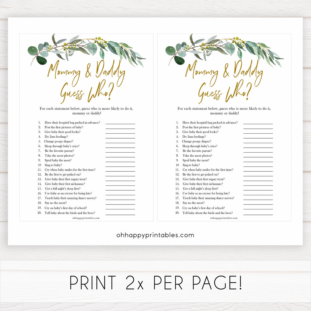 Eucalyptus baby shower games, mommy or daddy guess who baby game, fun baby shower games, printable baby games, baby shower ideas, baby games, baby shower baby shower bundle, baby shower games packs, botanical baby shower