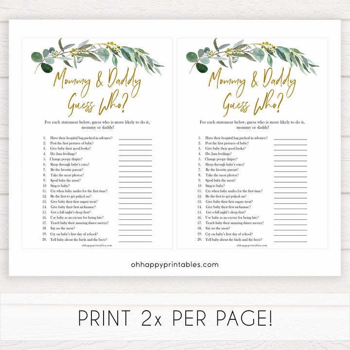 Eucalyptus baby shower games, mommy or daddy guess who baby game, fun baby shower games, printable baby games, baby shower ideas, baby games, baby shower baby shower bundle, baby shower games packs, botanical baby shower