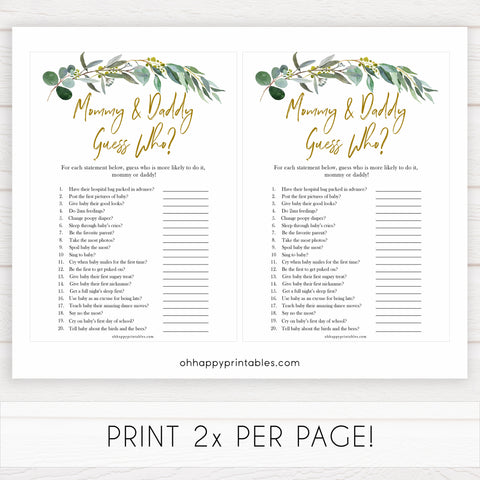 Eucalyptus baby shower games, mommy or daddy guess who baby game, fun baby shower games, printable baby games, baby shower ideas, baby games, baby shower baby shower bundle, baby shower games packs, botanical baby shower