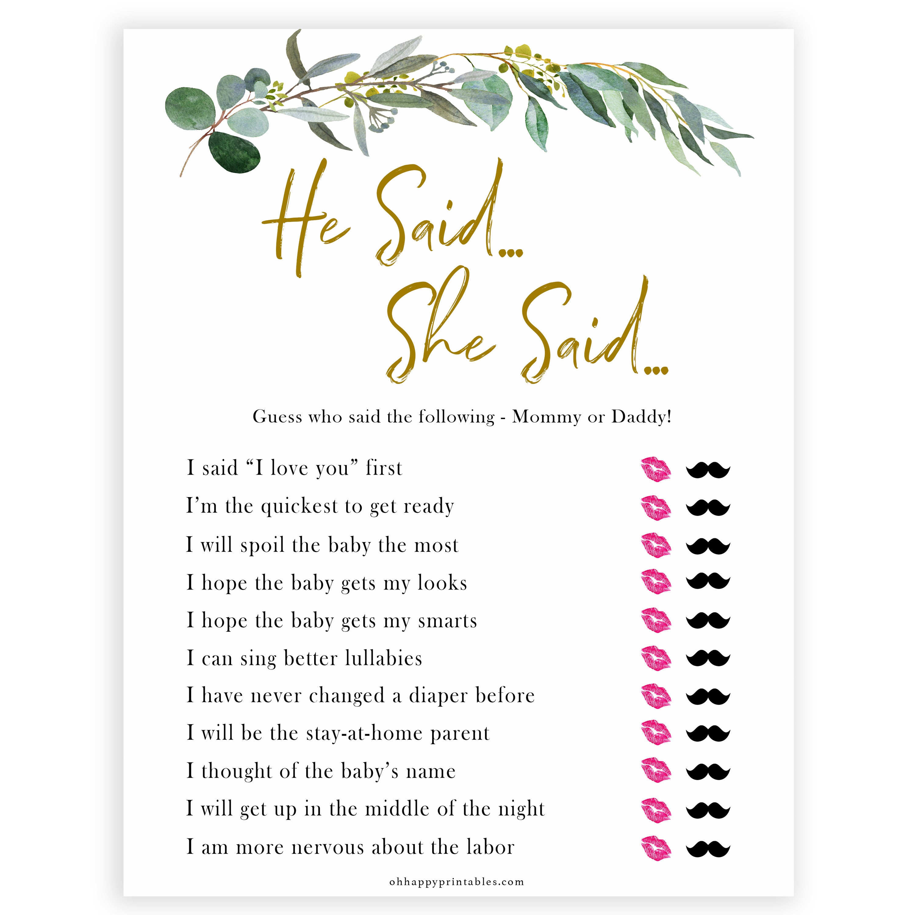 Eucalyptus baby shower games, he said she said baby game, fun baby shower games, printable baby games, baby shower ideas, baby games, baby shower baby shower bundle, baby shower games packs, botanical baby shower