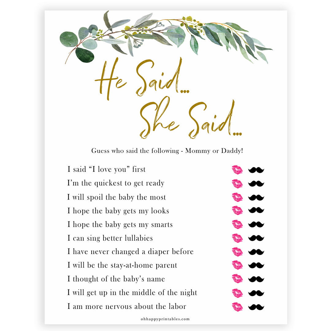 Eucalyptus baby shower games, he said she said baby game, fun baby shower games, printable baby games, baby shower ideas, baby games, baby shower baby shower bundle, baby shower games packs, botanical baby shower