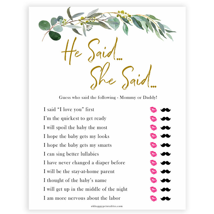 Eucalyptus baby shower games, he said she said baby game, fun baby shower games, printable baby games, baby shower ideas, baby games, baby shower baby shower bundle, baby shower games packs, botanical baby shower