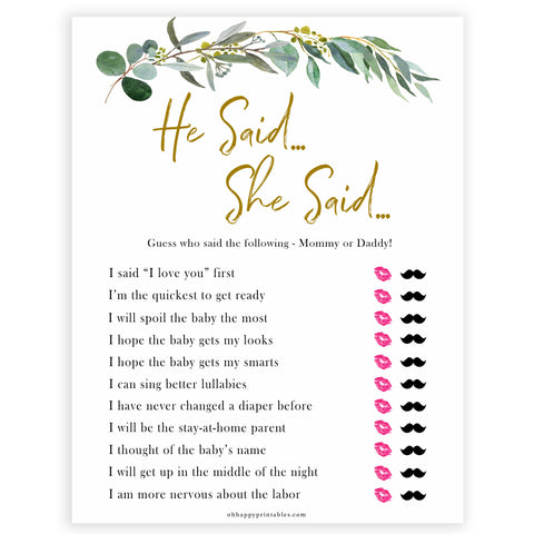 Eucalyptus baby shower games, he said she said baby game, fun baby shower games, printable baby games, baby shower ideas, baby games, baby shower baby shower bundle, baby shower games packs, botanical baby shower