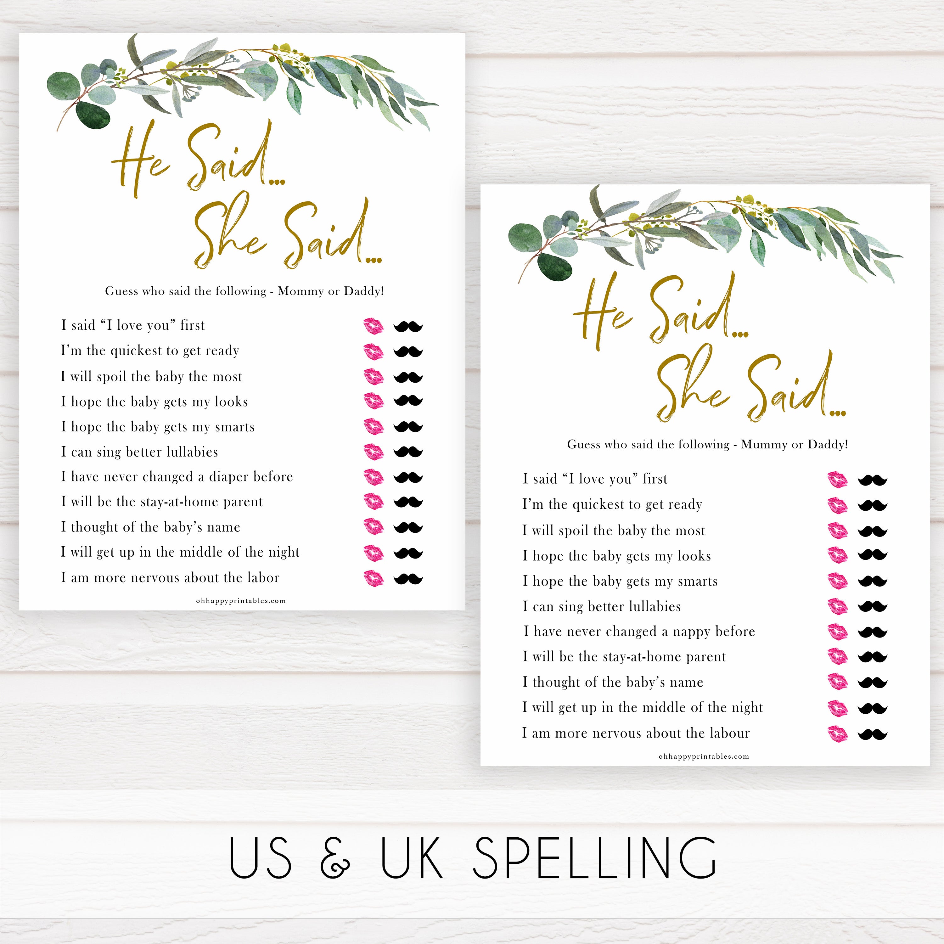 Eucalyptus baby shower games, he said she said baby game, fun baby shower games, printable baby games, baby shower ideas, baby games, baby shower baby shower bundle, baby shower games packs, botanical baby shower