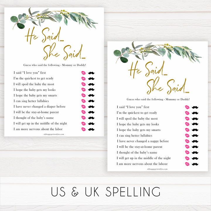 Eucalyptus baby shower games, he said she said baby game, fun baby shower games, printable baby games, baby shower ideas, baby games, baby shower baby shower bundle, baby shower games packs, botanical baby shower