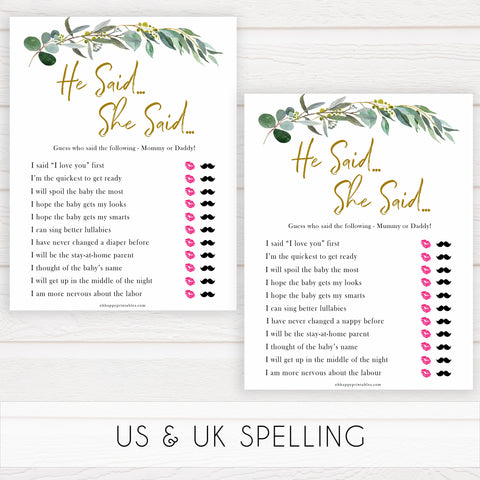 Eucalyptus baby shower games, he said she said baby game, fun baby shower games, printable baby games, baby shower ideas, baby games, baby shower baby shower bundle, baby shower games packs, botanical baby shower