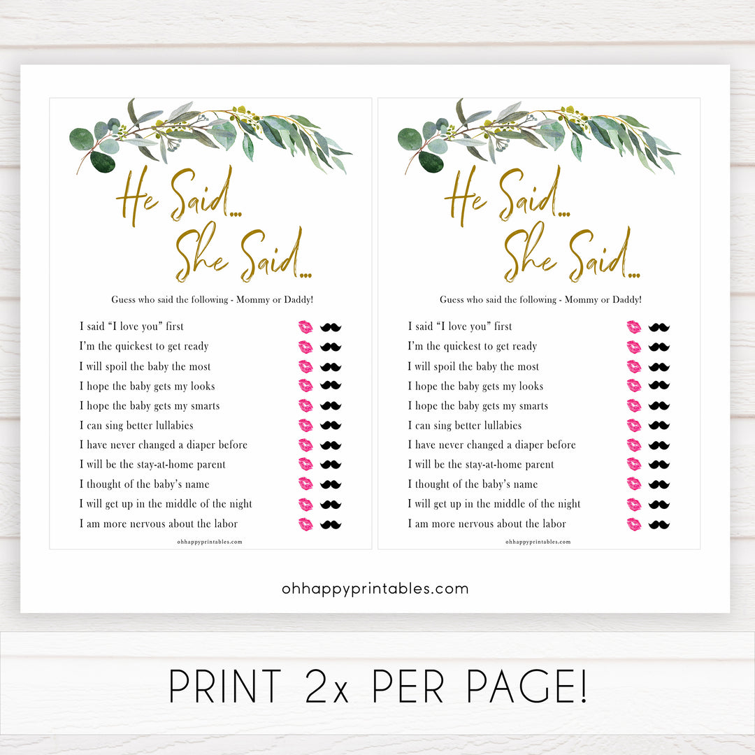 Eucalyptus baby shower games, he said she said baby game, fun baby shower games, printable baby games, baby shower ideas, baby games, baby shower baby shower bundle, baby shower games packs, botanical baby shower
