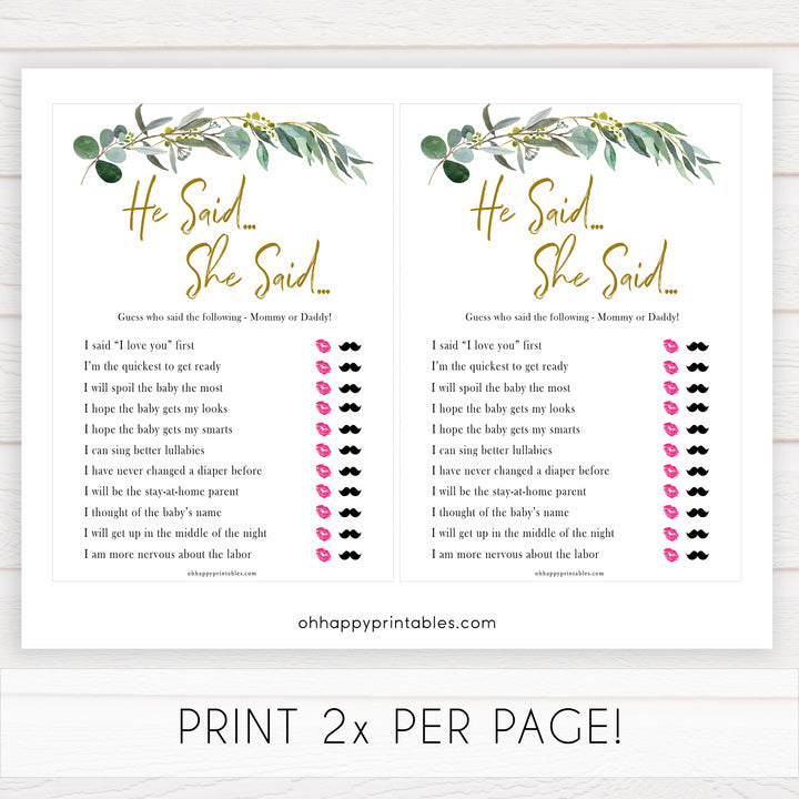 Eucalyptus baby shower games, he said she said baby game, fun baby shower games, printable baby games, baby shower ideas, baby games, baby shower baby shower bundle, baby shower games packs, botanical baby shower