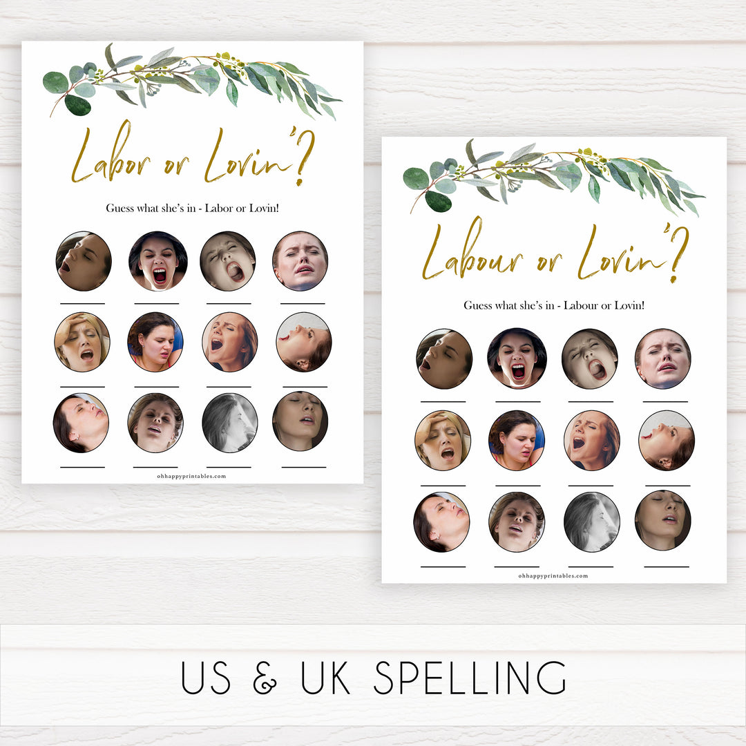 Eucalyptus baby shower games, labor or lovin game baby game, labor or porn baby game, fun baby shower games, printable baby games, baby shower ideas, baby games, baby shower baby shower bundle, baby shower games packs, botanical baby shower