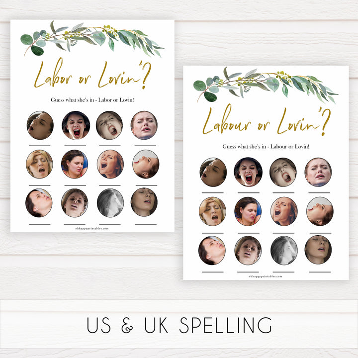 Eucalyptus baby shower games, labor or lovin game baby game, labor or porn baby game, fun baby shower games, printable baby games, baby shower ideas, baby games, baby shower baby shower bundle, baby shower games packs, botanical baby shower