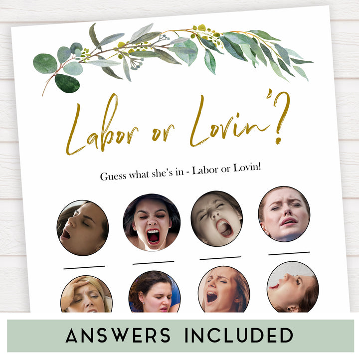 Eucalyptus baby shower games, labor or lovin game baby game, labor or porn baby game, fun baby shower games, printable baby games, baby shower ideas, baby games, baby shower baby shower bundle, baby shower games packs, botanical baby shower