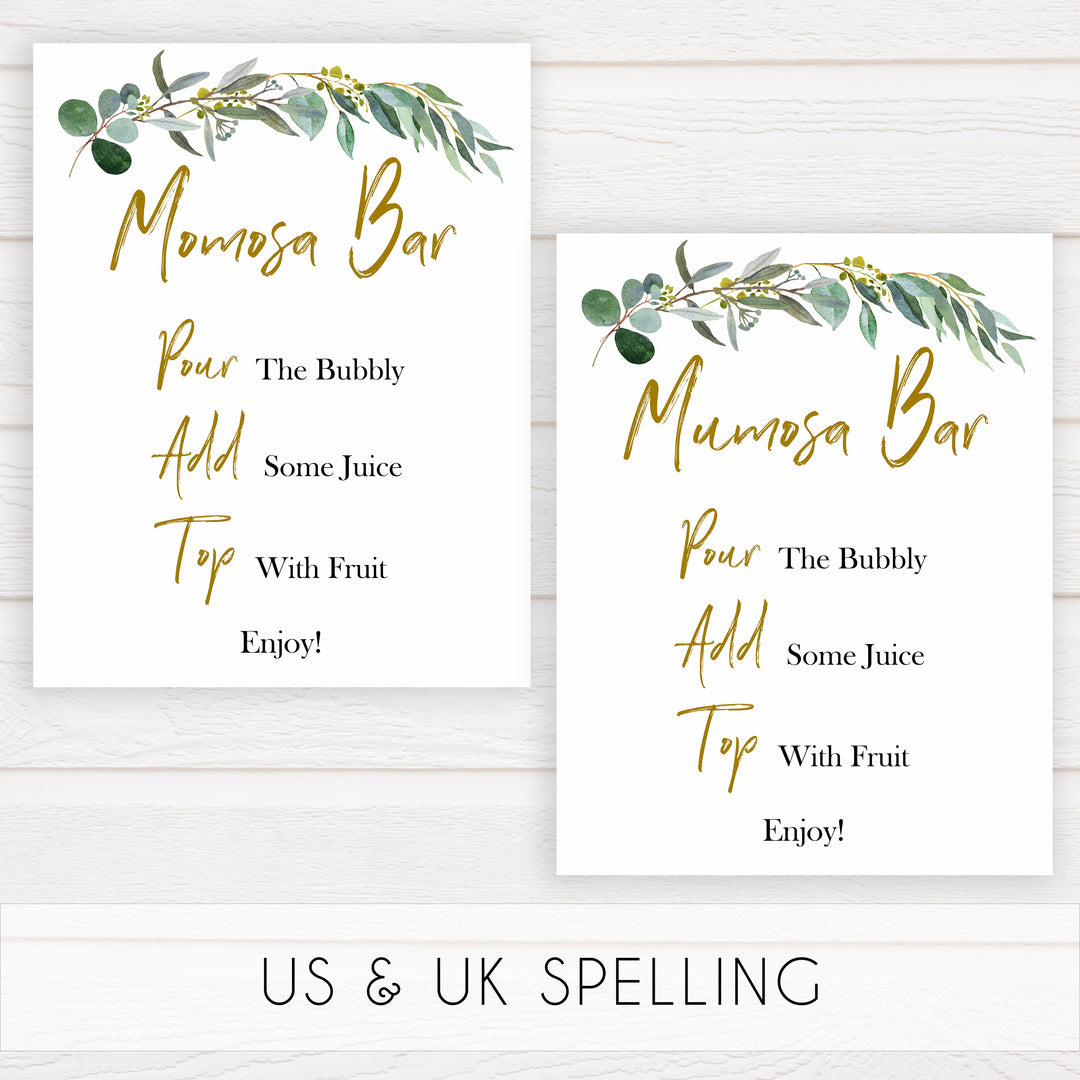 eucalyptus baby signs, momosa bar baby signs, printable baby signs, botanical baby signs, baby shower decor, fun baby signs