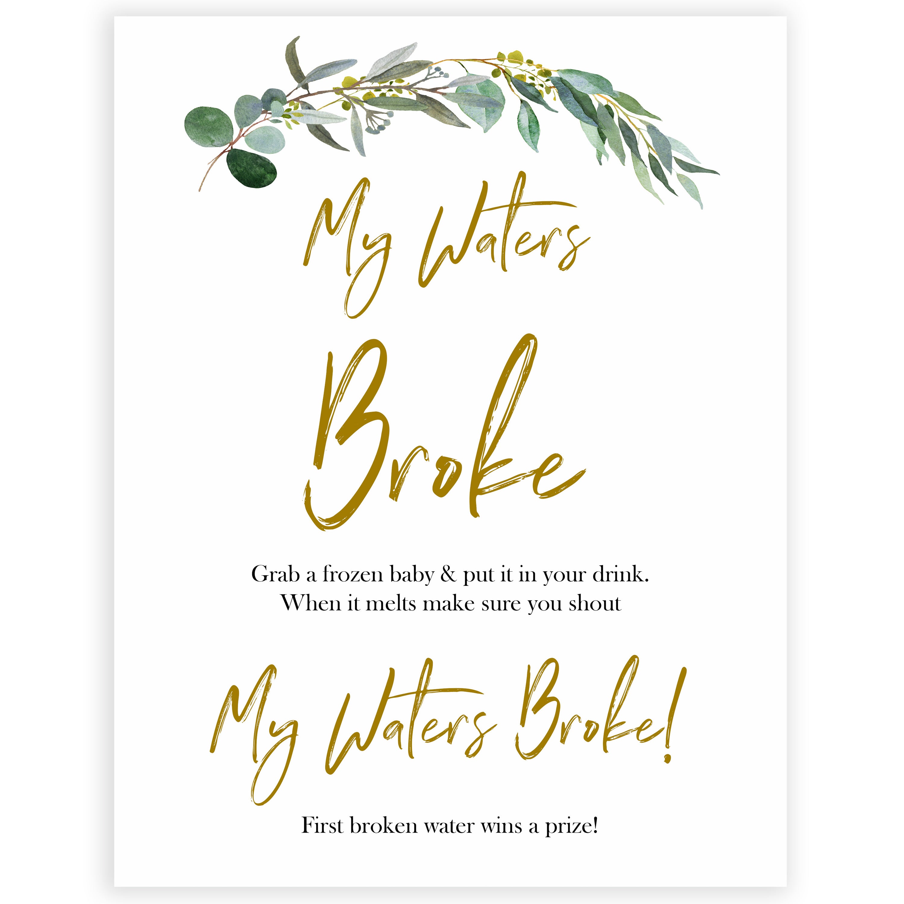 Eucalyptus baby shower games, my waters broke baby game, fun baby shower games, printable baby games, baby shower ideas, baby games, baby shower baby shower bundle, baby shower games packs, botanical baby shower	