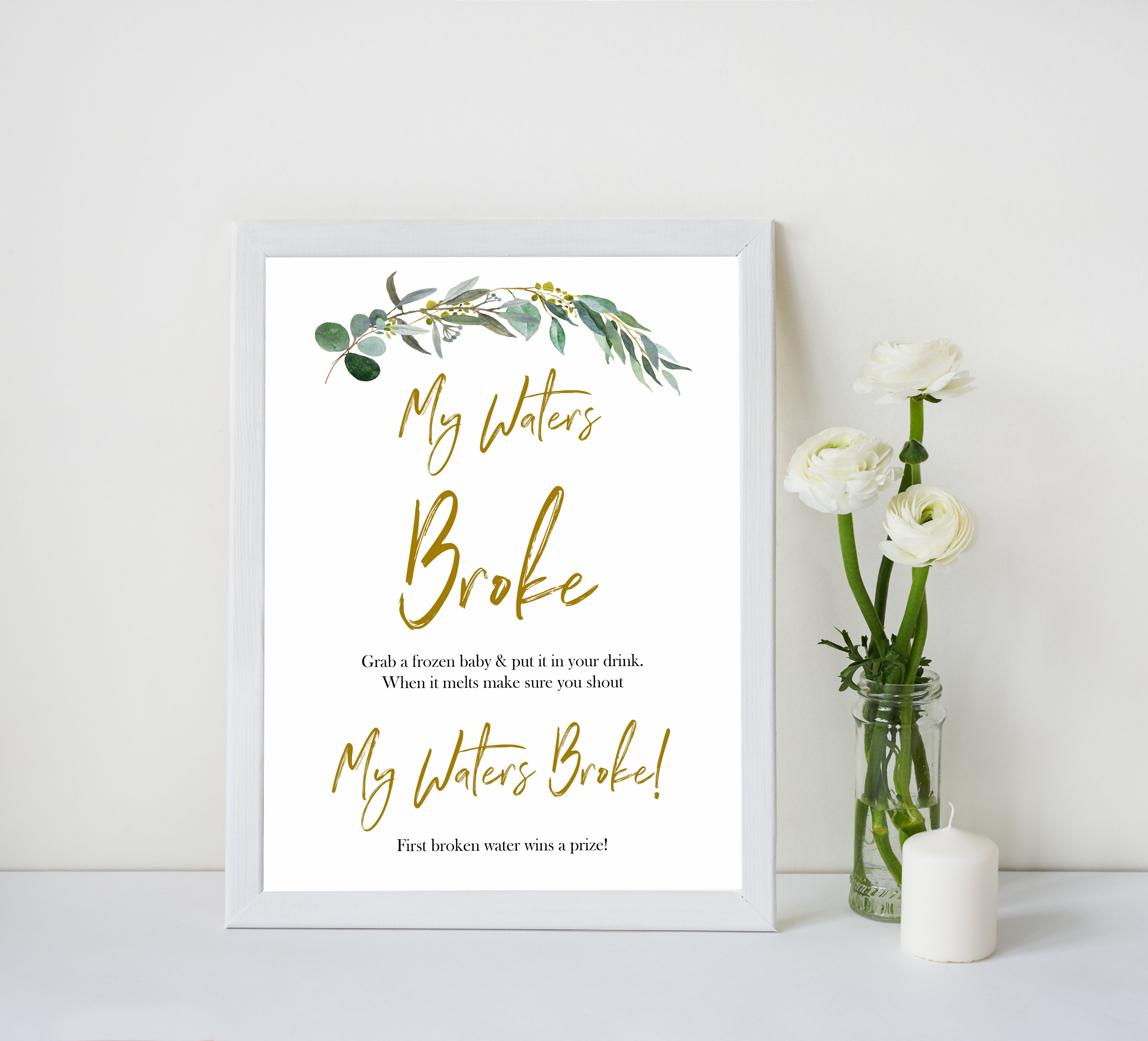Eucalyptus baby shower games, my waters broke baby game, fun baby shower games, printable baby games, baby shower ideas, baby games, baby shower baby shower bundle, baby shower games packs, botanical baby shower	