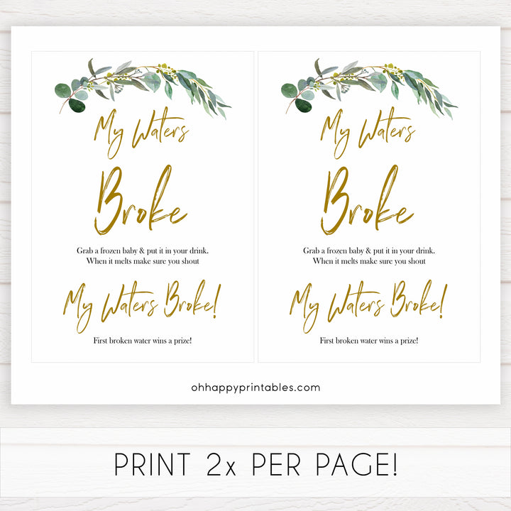 Eucalyptus baby shower games, my waters broke baby game, fun baby shower games, printable baby games, baby shower ideas, baby games, baby shower baby shower bundle, baby shower games packs, botanical baby shower	