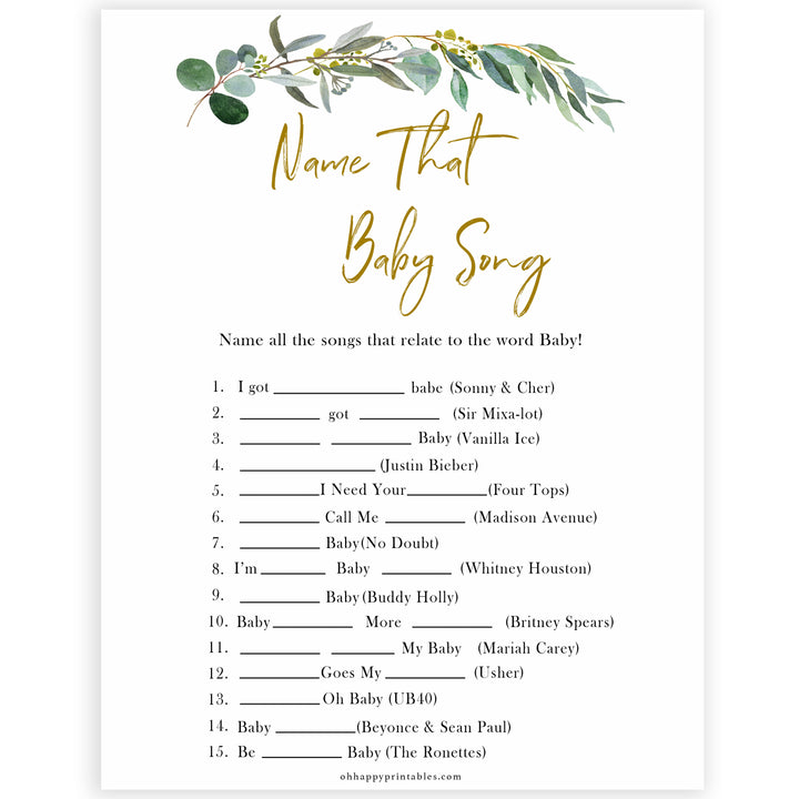 Eucalyptus baby shower games, name that baby song game baby game, fun baby shower games, printable baby games, baby shower ideas, baby games, baby shower baby shower bundle, baby shower games packs, botanical baby shower