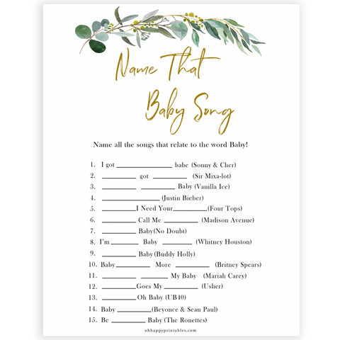 Eucalyptus baby shower games, name that baby song game baby game, fun baby shower games, printable baby games, baby shower ideas, baby games, baby shower baby shower bundle, baby shower games packs, botanical baby shower