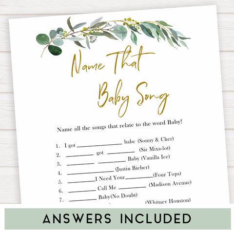 Eucalyptus baby shower games, name that baby song game baby game, fun baby shower games, printable baby games, baby shower ideas, baby games, baby shower baby shower bundle, baby shower games packs, botanical baby shower