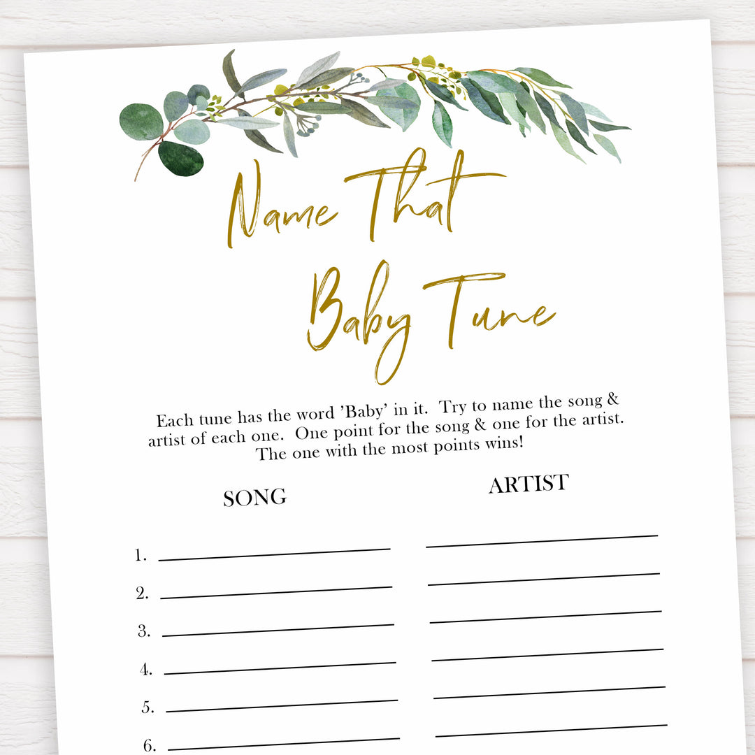 Eucalyptus baby shower games, name that baby tune baby game, fun baby shower games, printable baby games, baby shower ideas, baby games, baby shower baby shower bundle, baby shower games packs, botanical baby shower