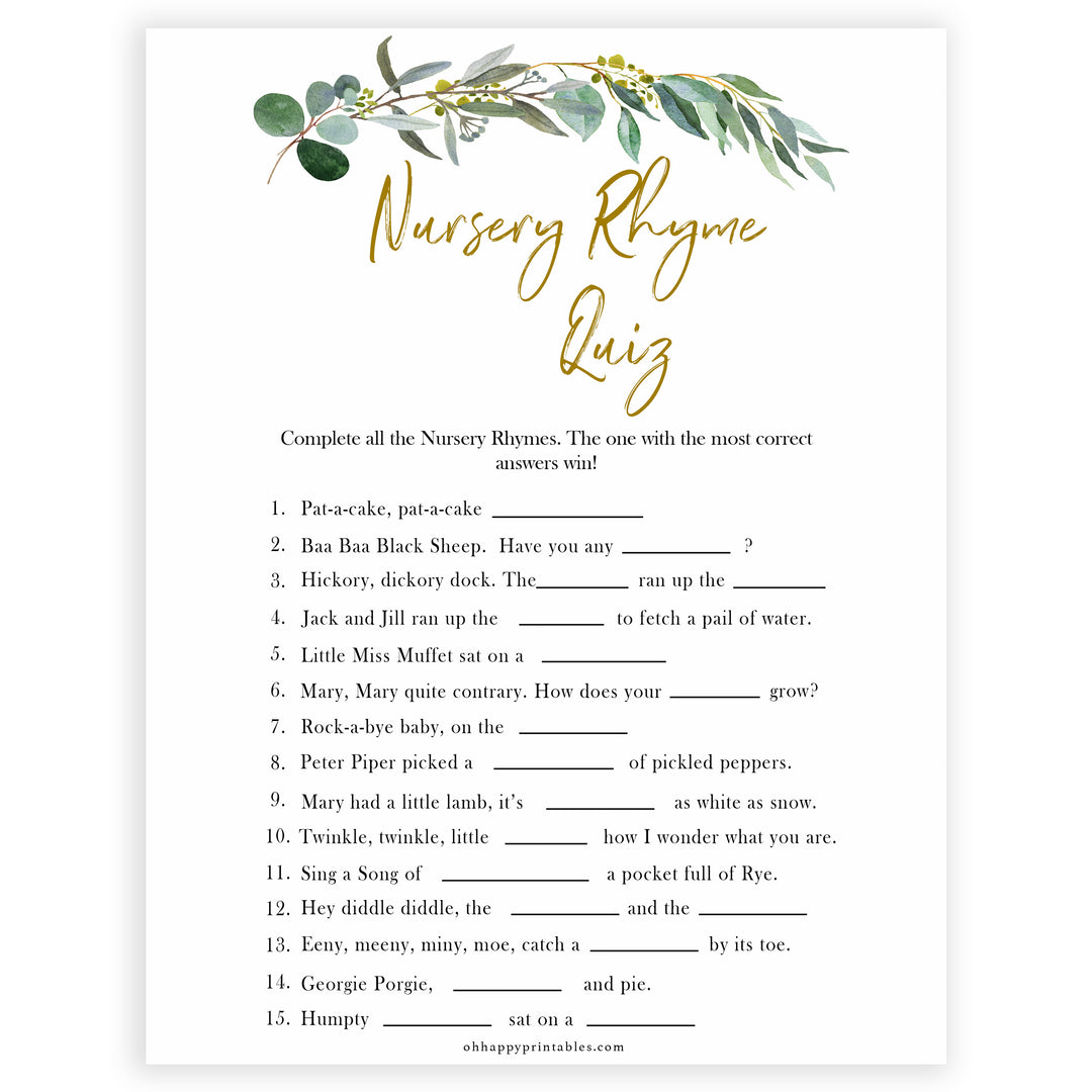 Eucalyptus baby shower games, nursery rhyme quiz baby game, fun baby shower games, printable baby games, baby shower ideas, baby games, baby shower baby shower bundle, baby shower games packs, botanical baby shower