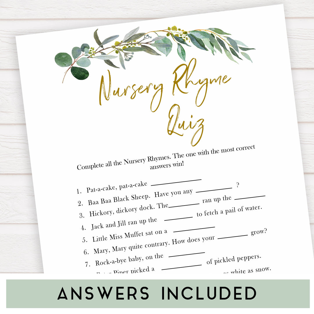 Eucalyptus baby shower games, nursery rhyme quiz baby game, fun baby shower games, printable baby games, baby shower ideas, baby games, baby shower baby shower bundle, baby shower games packs, botanical baby shower