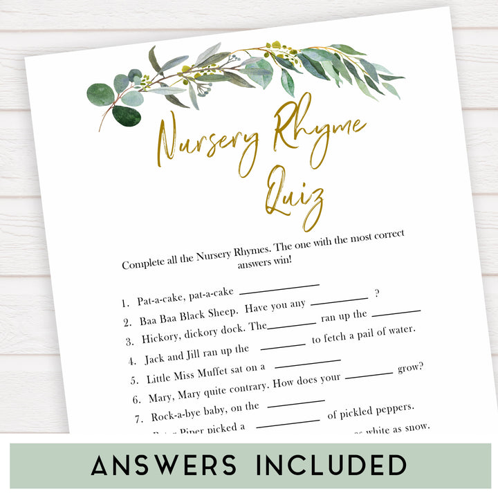 Eucalyptus baby shower games, nursery rhyme quiz baby game, fun baby shower games, printable baby games, baby shower ideas, baby games, baby shower baby shower bundle, baby shower games packs, botanical baby shower