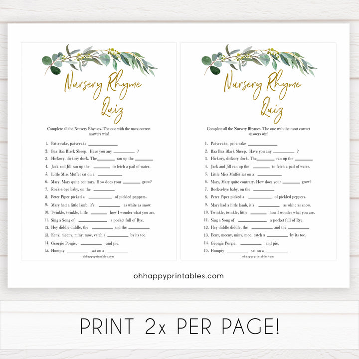 Eucalyptus baby shower games, nursery rhyme quiz baby game, fun baby shower games, printable baby games, baby shower ideas, baby games, baby shower baby shower bundle, baby shower games packs, botanical baby shower