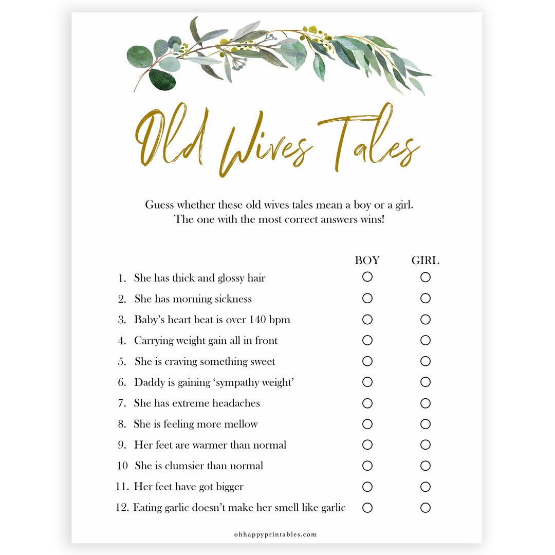 Eucalyptus baby shower games, old wives tales baby game, fun baby shower games, printable baby games, baby shower ideas, baby games, baby shower baby shower bundle, baby shower games packs, botanical baby shower