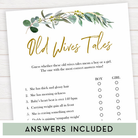 Eucalyptus baby shower games, old wives tales baby game, fun baby shower games, printable baby games, baby shower ideas, baby games, baby shower baby shower bundle, baby shower games packs, botanical baby shower