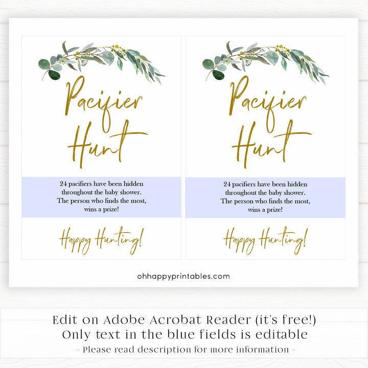 Eucalyptus baby shower games, pacifier hunt baby game, fun baby shower games, printable baby games, baby shower ideas, baby games, baby shower baby shower bundle, baby shower games packs, botanical baby shower