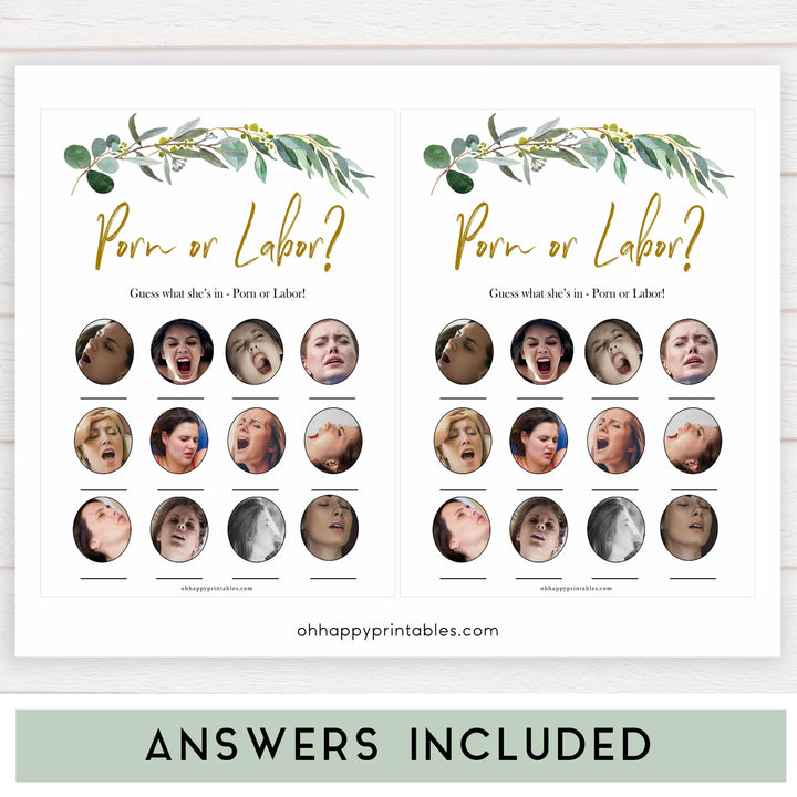 Eucalyptus baby shower games, porn or labor, labor or porn game baby game, fun baby shower games, printable baby games, baby shower ideas, baby games, baby shower baby shower bundle, baby shower games packs, botanical baby shower