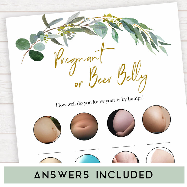 Eucalyptus baby shower games, pregnant or beer belly game baby game, fun baby shower games, printable baby games, baby shower ideas, baby games, baby shower baby shower bundle, baby shower games packs, botanical baby shower