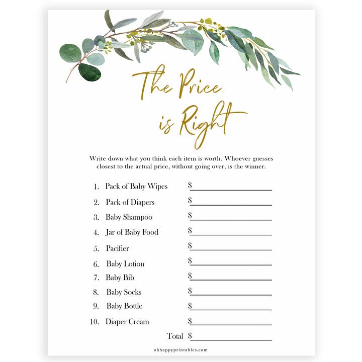  Eucalyptus baby shower games, the price is right game baby game, fun baby shower games, printable baby games, baby shower ideas, baby games, baby shower baby shower bundle, baby shower games packs, botanical baby shower