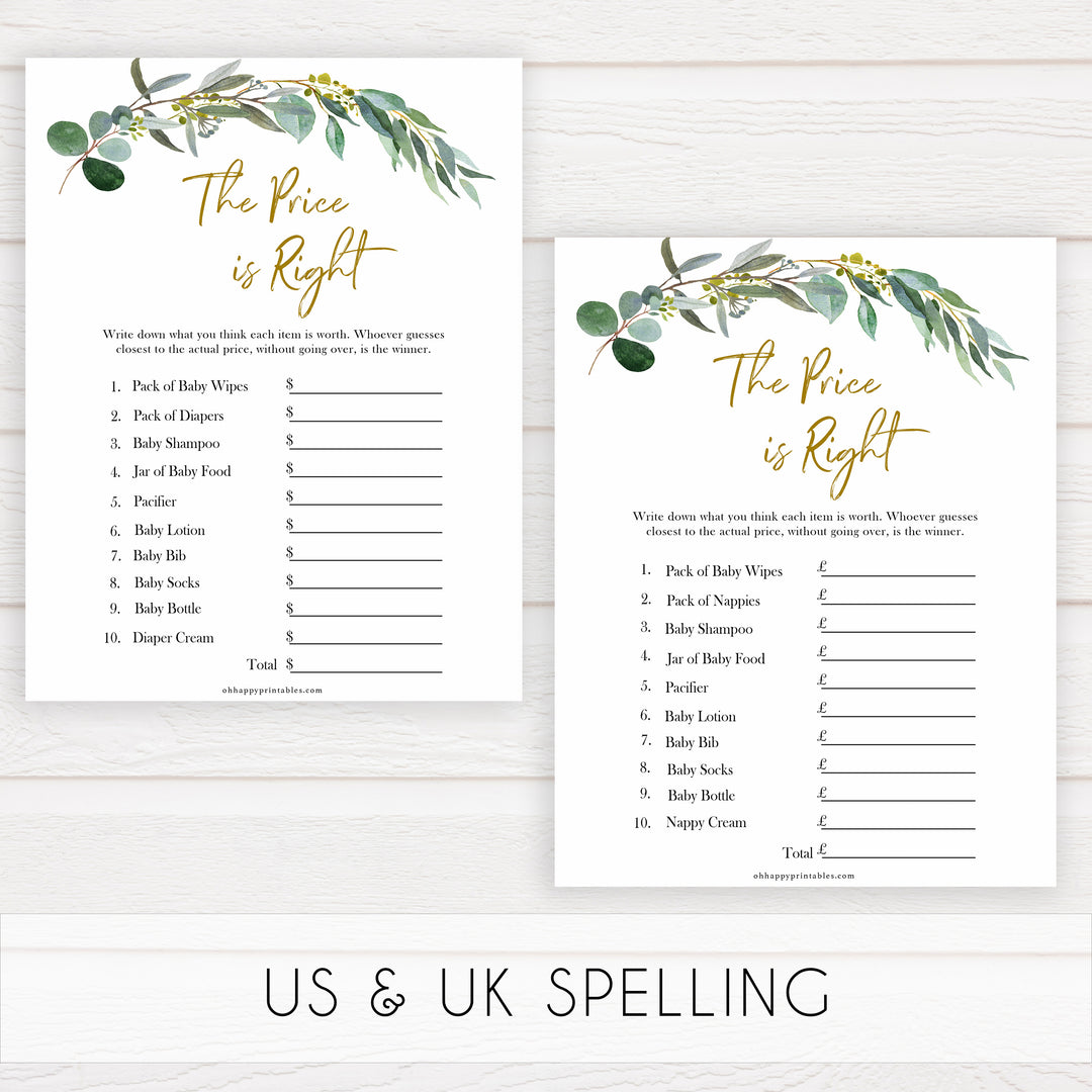  Eucalyptus baby shower games, the price is right game baby game, fun baby shower games, printable baby games, baby shower ideas, baby games, baby shower baby shower bundle, baby shower games packs, botanical baby shower