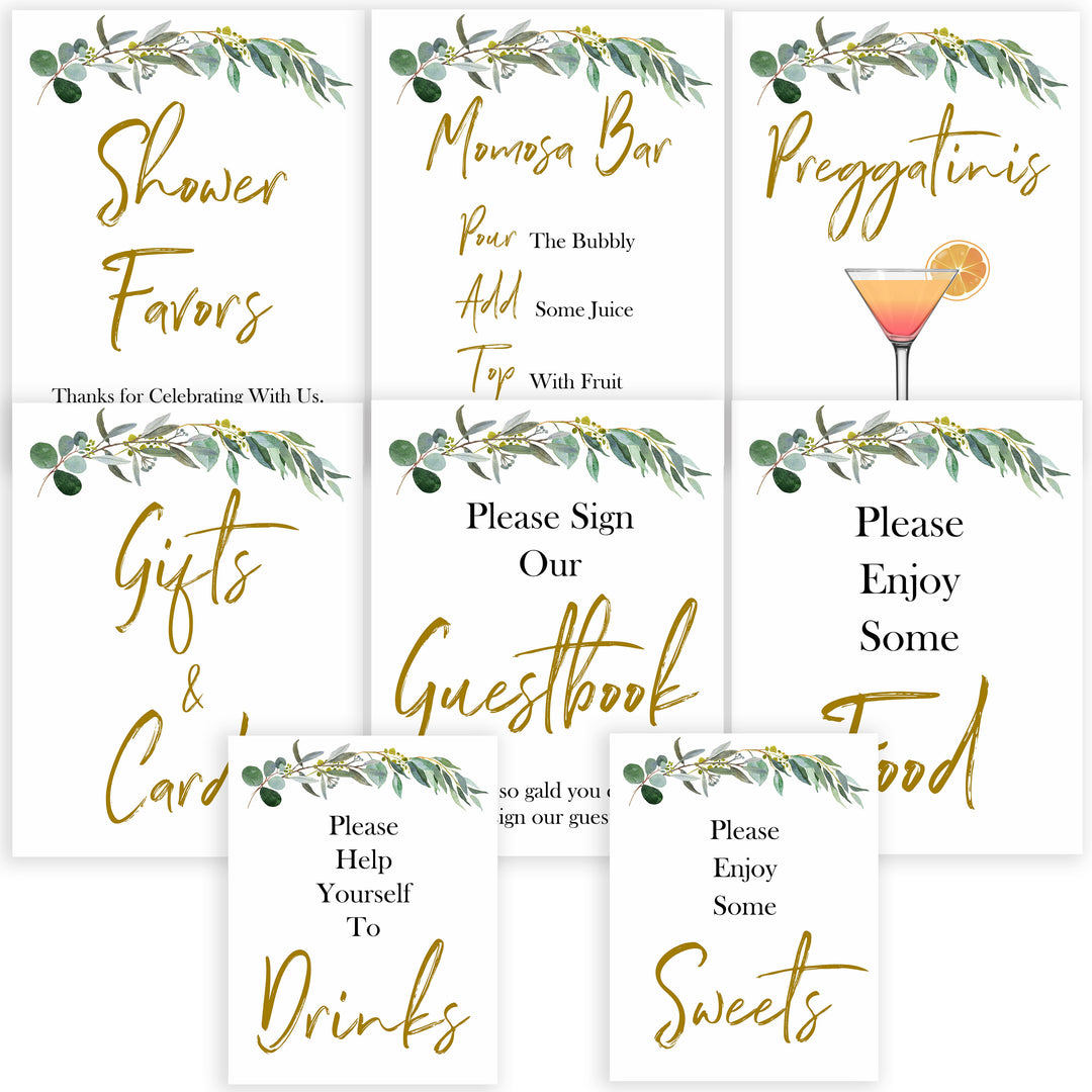 eucalyptus baby shower signs, printable baby signs pack, botanical baby signs, food signs, drinks signs, baby shower decor