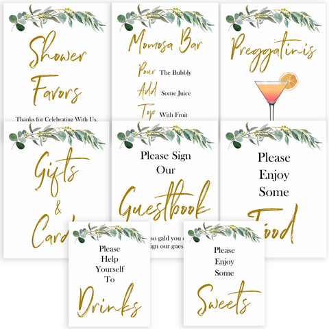 eucalyptus baby shower signs, printable baby signs pack, botanical baby signs, food signs, drinks signs, baby shower decor
