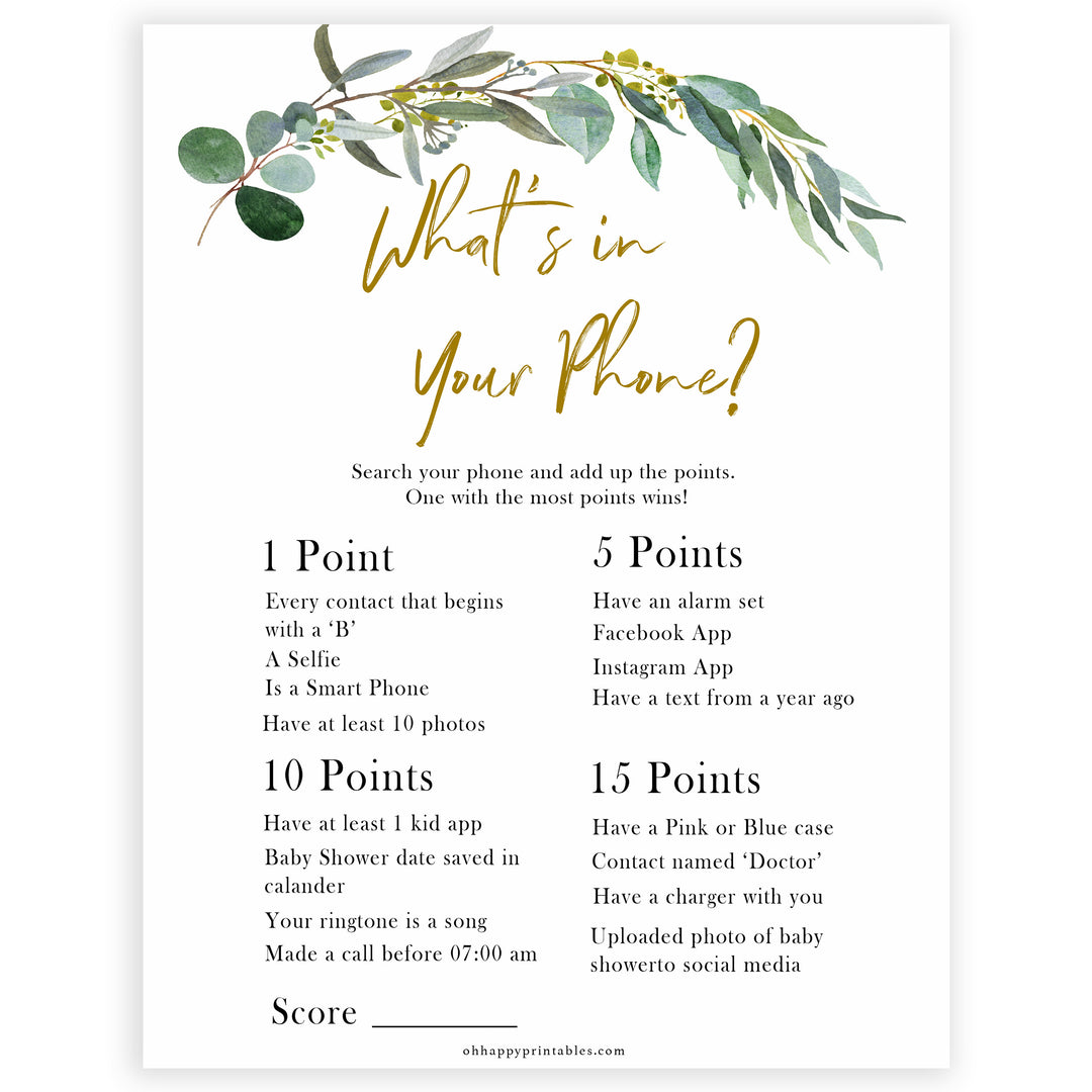 Eucalyptus baby shower games, whats in your phone game baby game, fun baby shower games, printable baby games, baby shower ideas, baby games, baby shower baby shower bundle, baby shower games packs, botanical baby shower