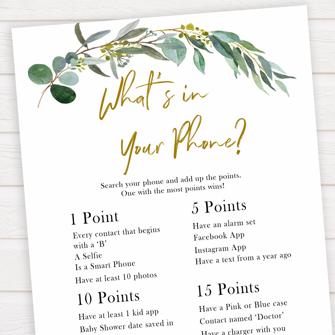 Eucalyptus baby shower games, whats in your phone game baby game, fun baby shower games, printable baby games, baby shower ideas, baby games, baby shower baby shower bundle, baby shower games packs, botanical baby shower