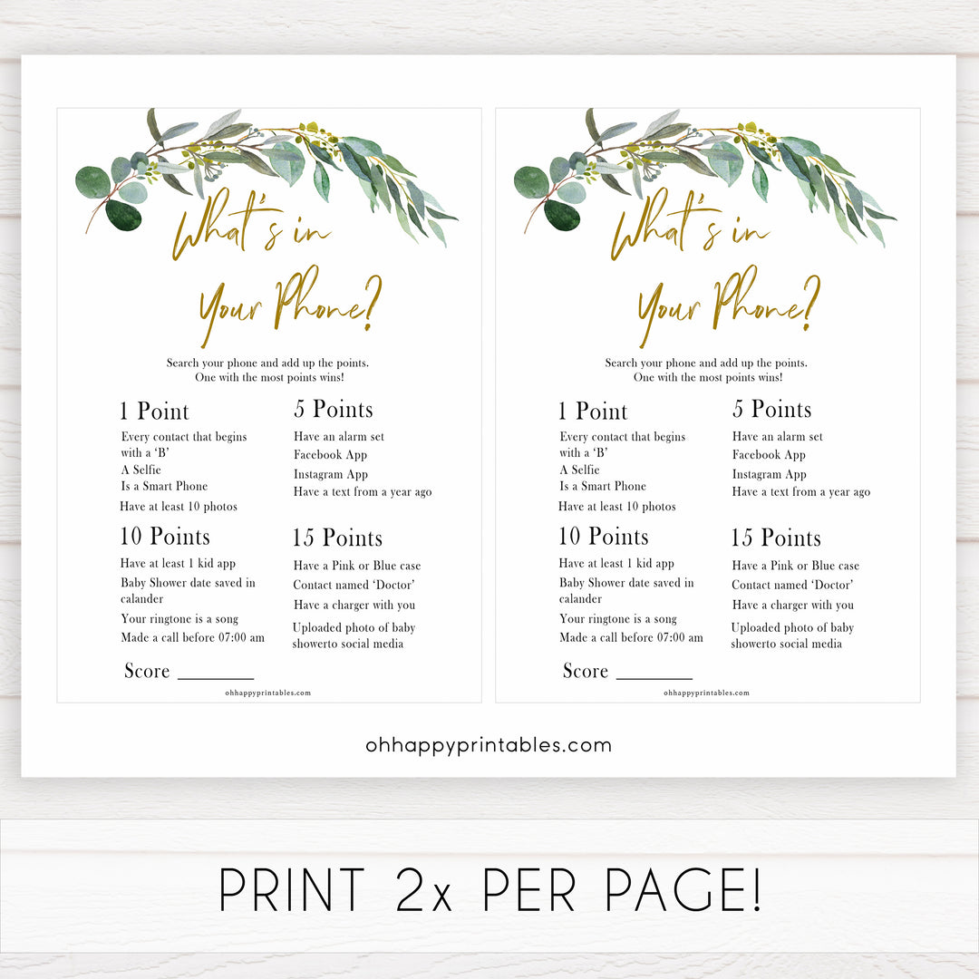 Eucalyptus baby shower games, whats in your phone game baby game, fun baby shower games, printable baby games, baby shower ideas, baby games, baby shower baby shower bundle, baby shower games packs, botanical baby shower