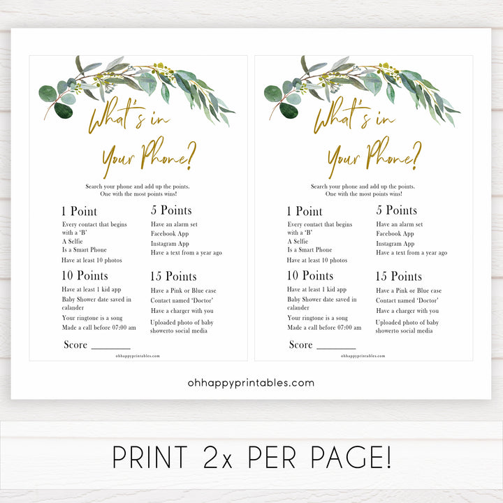 Eucalyptus baby shower games, whats in your phone game baby game, fun baby shower games, printable baby games, baby shower ideas, baby games, baby shower baby shower bundle, baby shower games packs, botanical baby shower