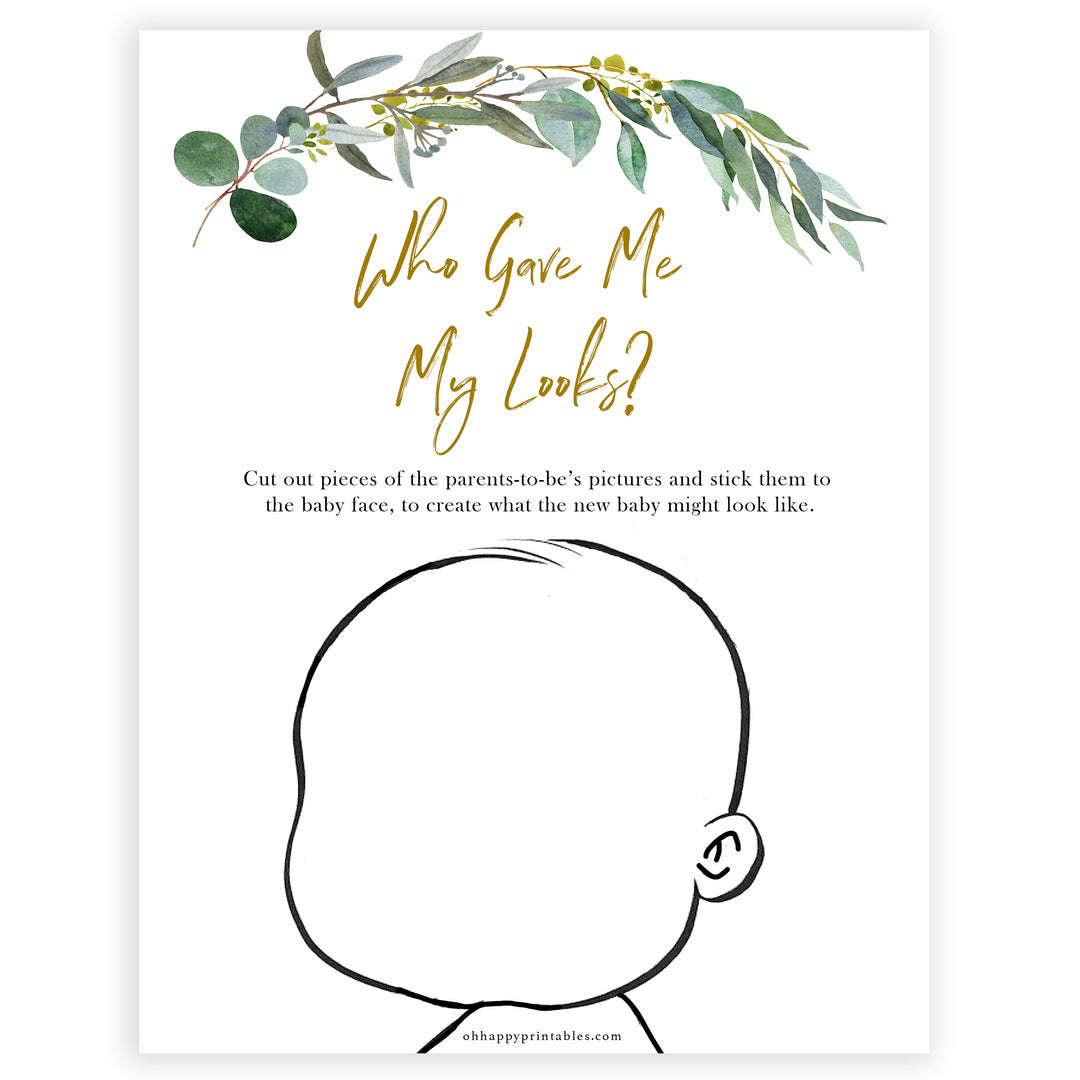 Eucalyptus baby shower games, who gave me my looks game baby game, fun baby shower games, printable baby games, baby shower ideas, baby games, baby shower baby shower bundle, baby shower games packs, botanical baby shower