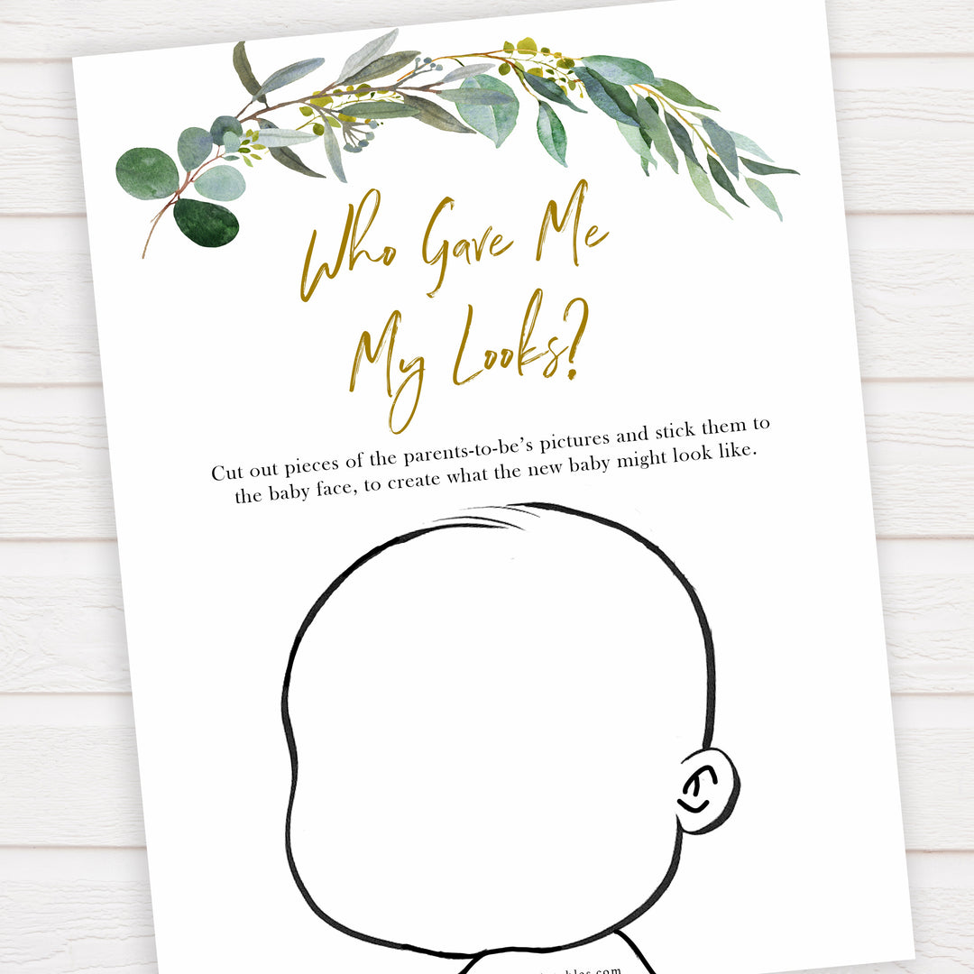 Eucalyptus baby shower games, who gave me my looks game baby game, fun baby shower games, printable baby games, baby shower ideas, baby games, baby shower baby shower bundle, baby shower games packs, botanical baby shower