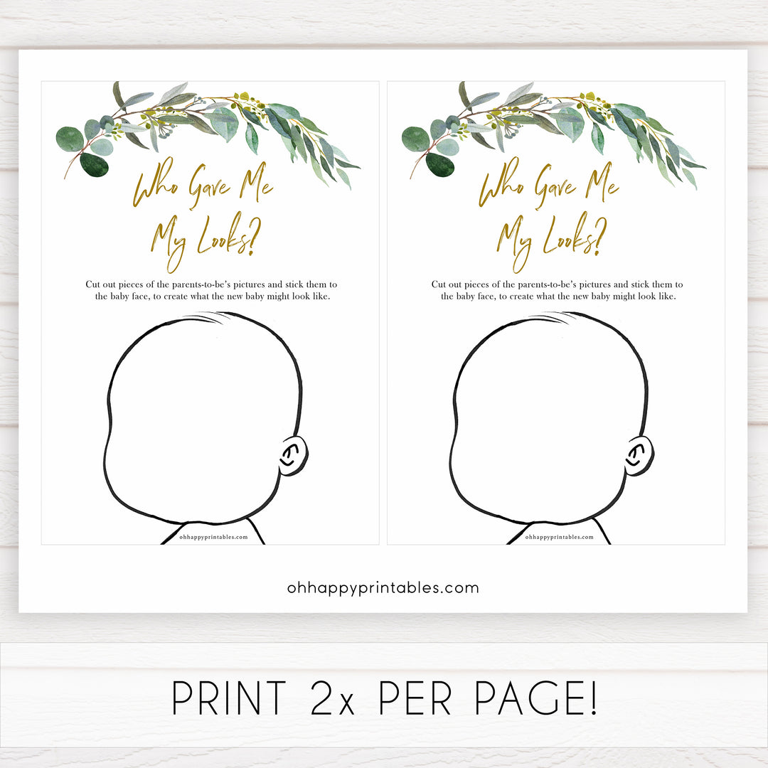 Eucalyptus baby shower games, who gave me my looks game baby game, fun baby shower games, printable baby games, baby shower ideas, baby games, baby shower baby shower bundle, baby shower games packs, botanical baby shower