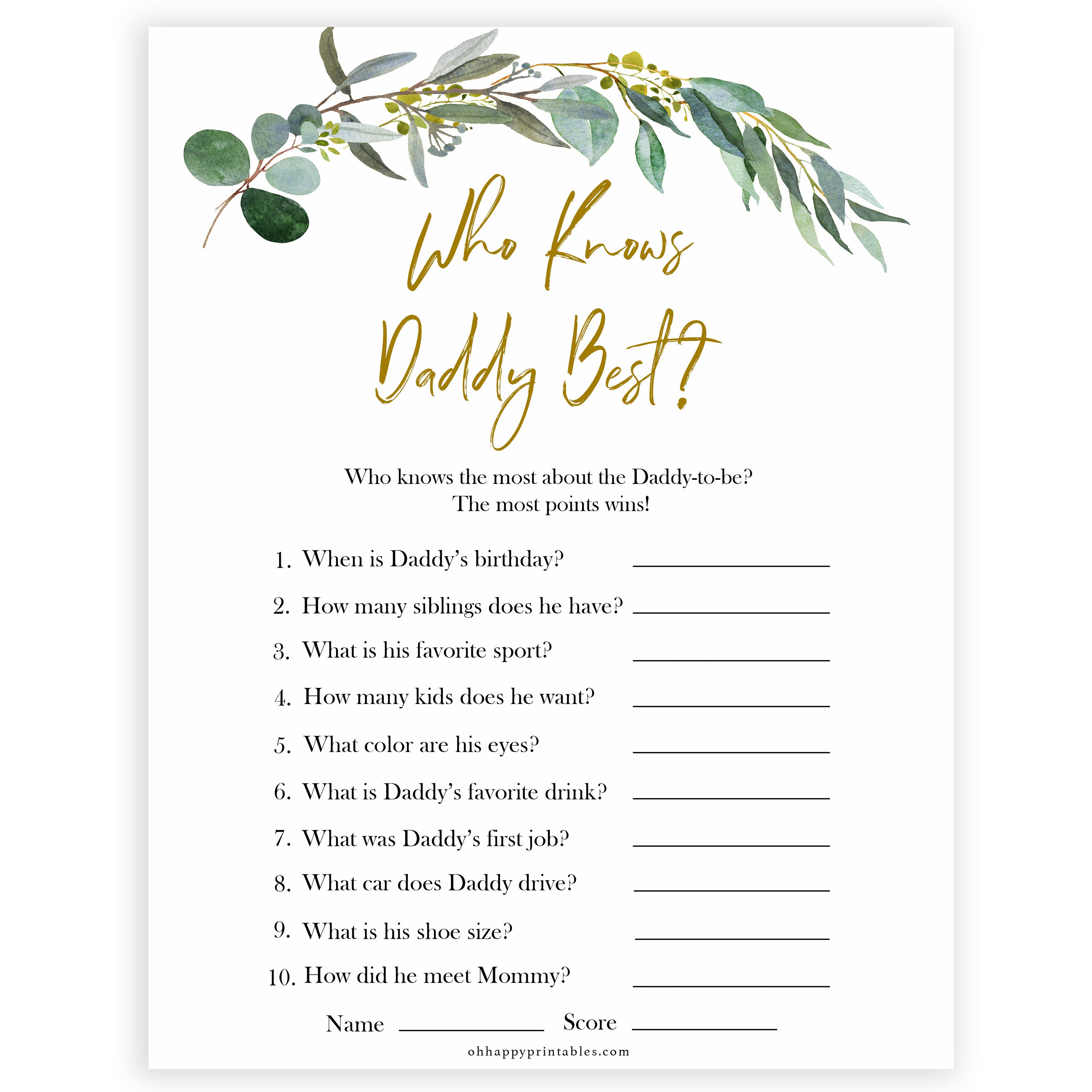 Eucalyptus baby shower games, who knows daddy best game baby game, fun baby shower games, printable baby games, baby shower ideas, baby games, baby shower baby shower bundle, baby shower games packs, botanical baby shower