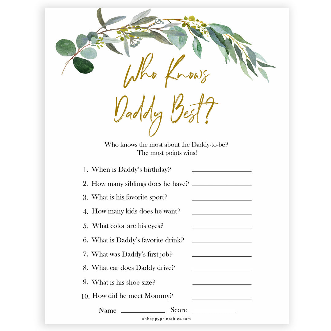 Eucalyptus baby shower games, who knows daddy best game baby game, fun baby shower games, printable baby games, baby shower ideas, baby games, baby shower baby shower bundle, baby shower games packs, botanical baby shower