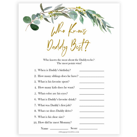 Eucalyptus baby shower games, who knows daddy best game baby game, fun baby shower games, printable baby games, baby shower ideas, baby games, baby shower baby shower bundle, baby shower games packs, botanical baby shower
